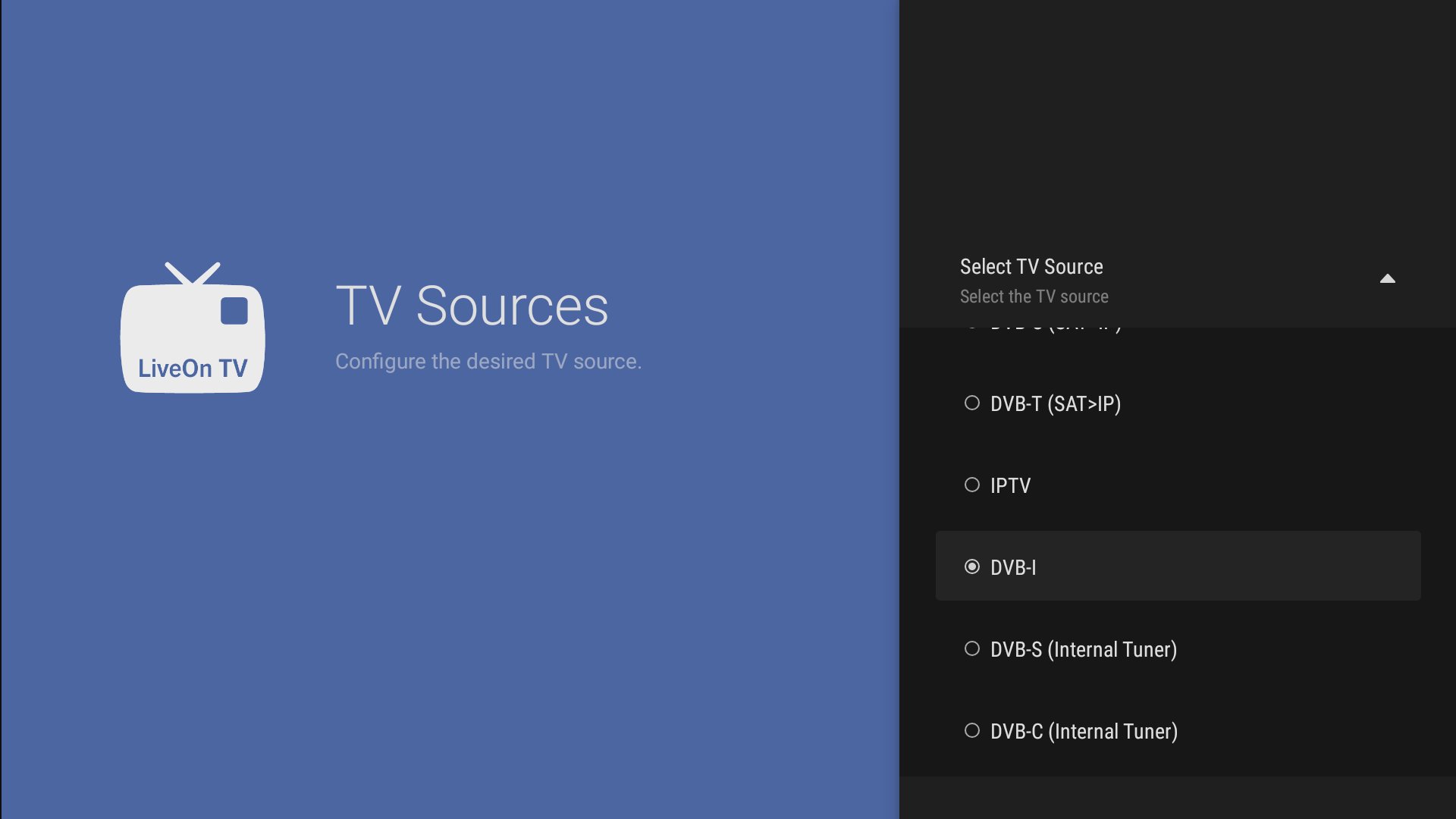 TV sources selection menu for configuration of the desired input
